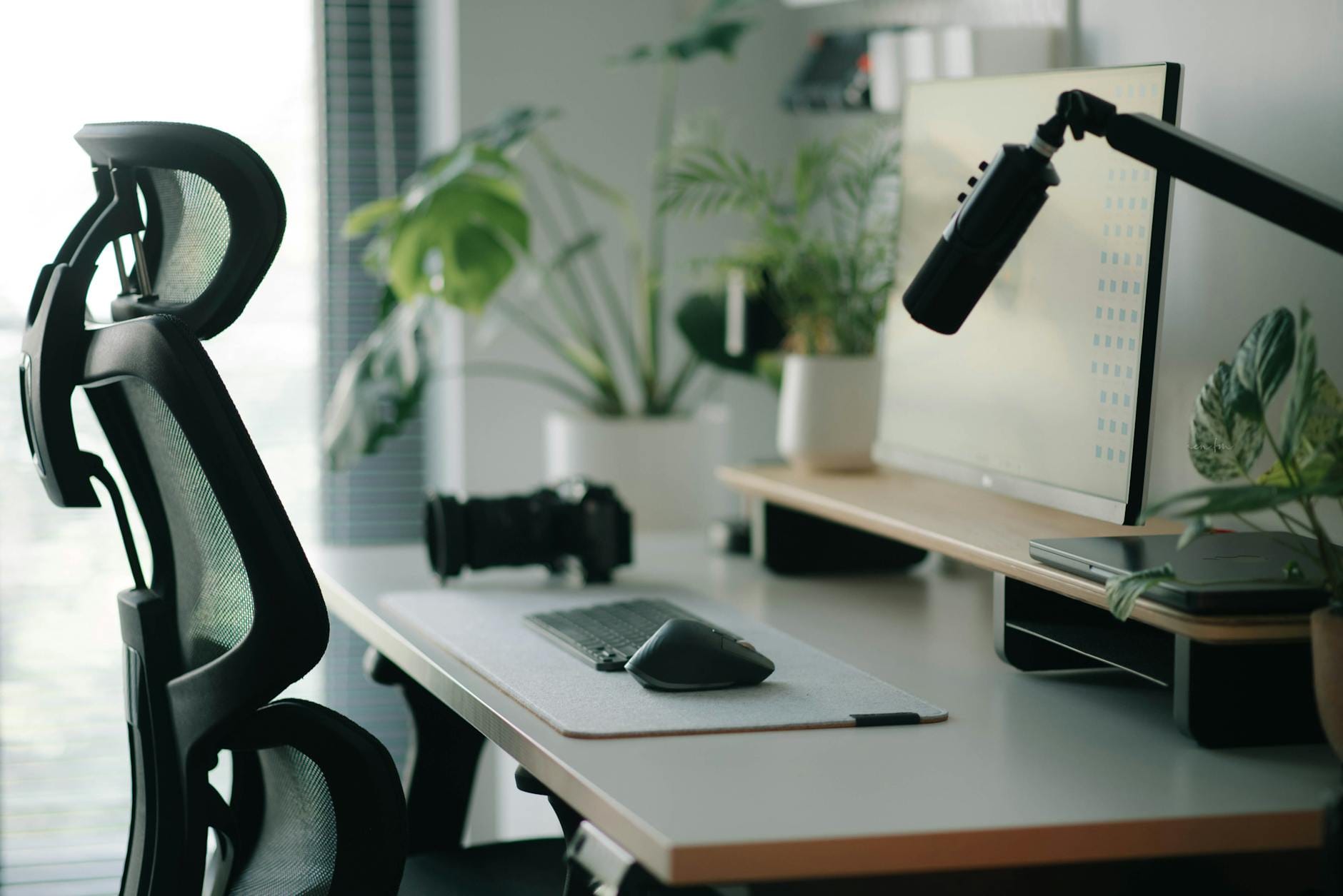 Nowoczesne domowe biuro z ergonomicznym fotelem, biurkiem i roślinami